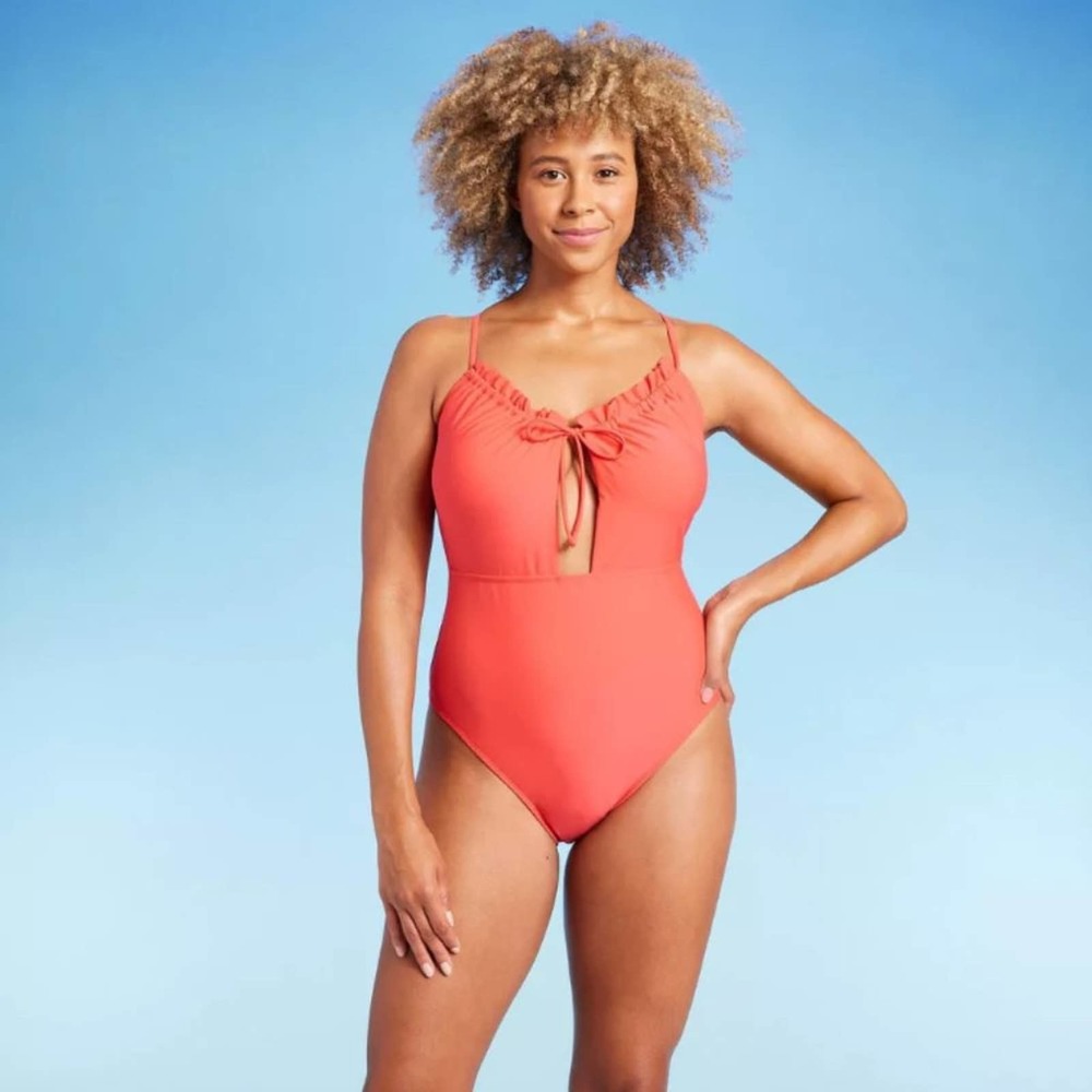Shade & Shore Women's Front Cut Out Ruffle Detail One Piece Swimsuit - Red XL
